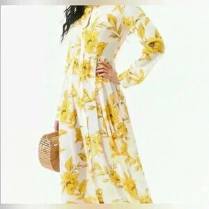 Forever 21 yellow and white floral, button up, sheer chiffon maxi dress; size S